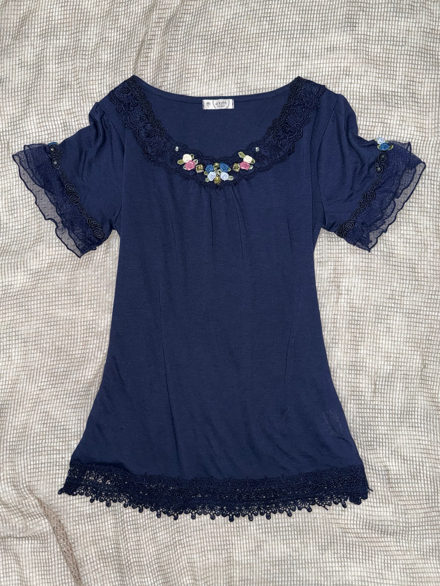 Axes Femme Romantic Navy Knit Top with 3D Rosette & Lace Neckline