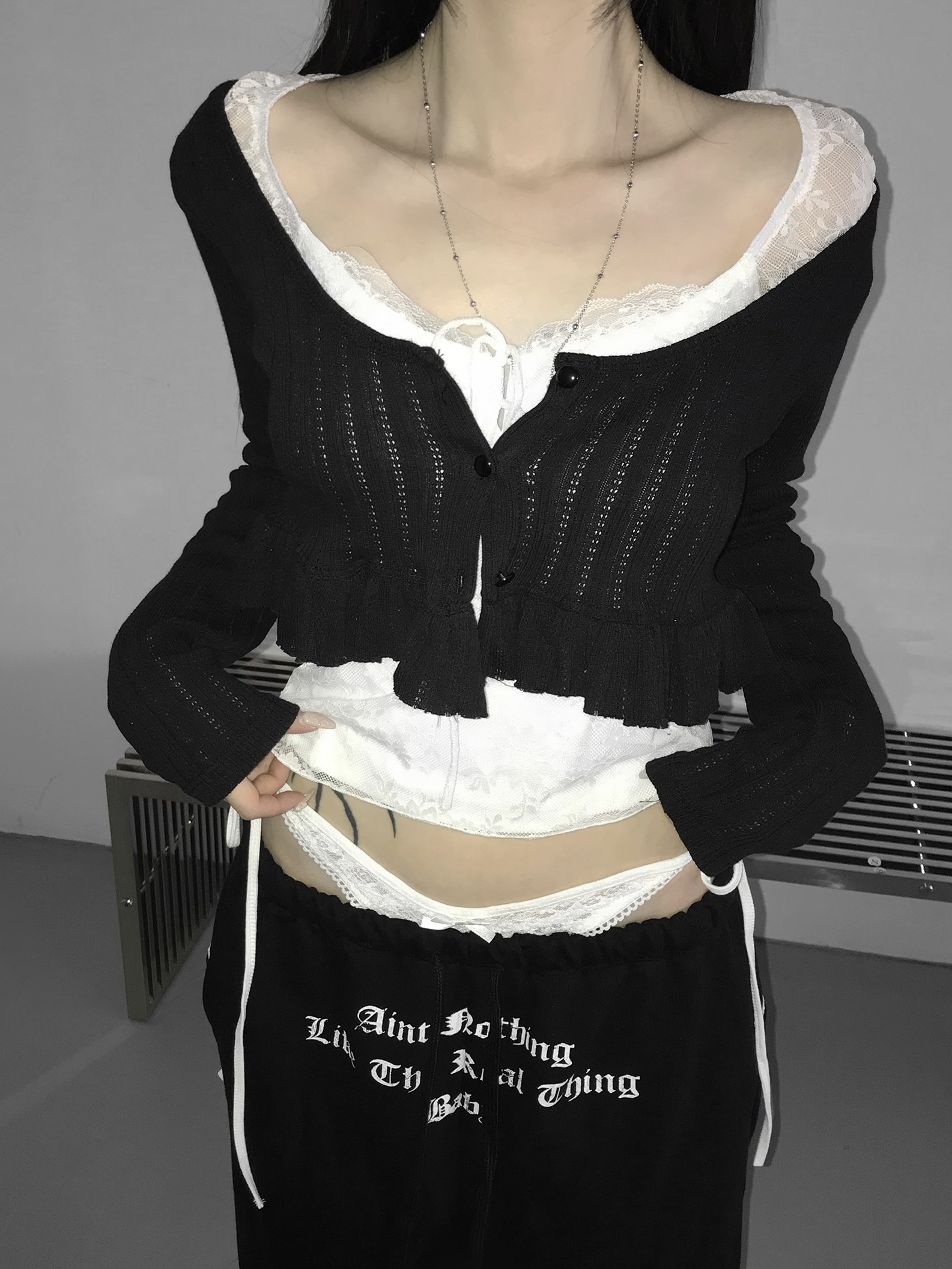 Layered Lace Waist Graphic Wide Leg Pants