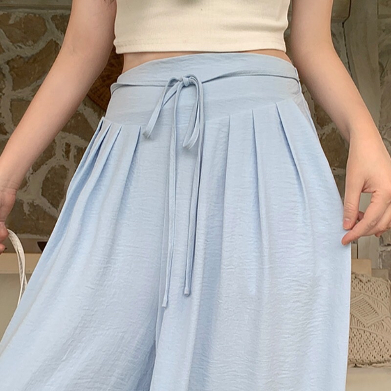 B252(21811) 韩版慵懒风显瘦捏痕腰系带3色阔腿长裤