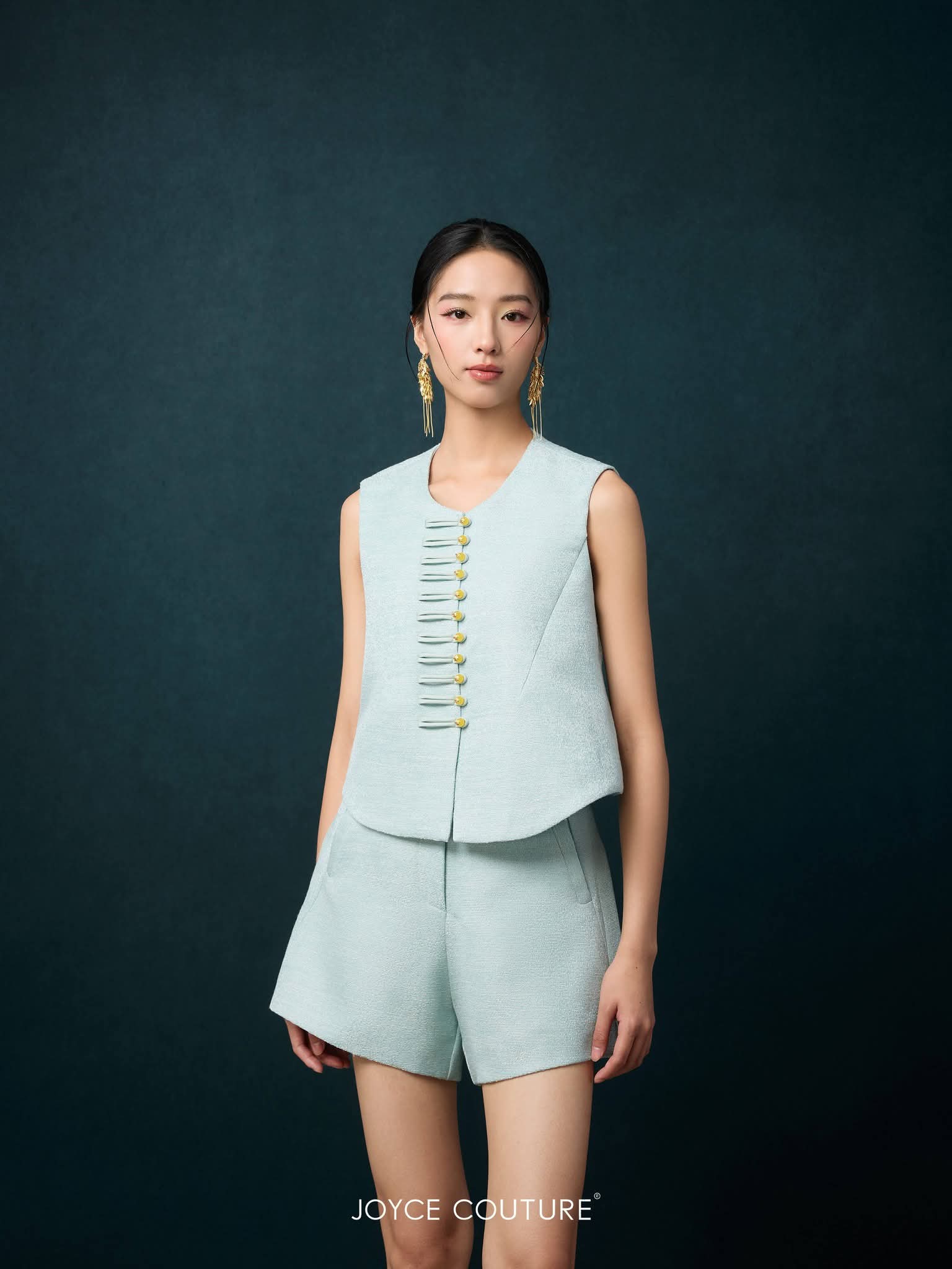 珠饰盘扣沿无袖旗袍上衣 T0176