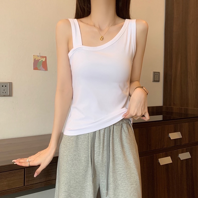 B405(16115) 韩版纯欲斜领口设计感黑白内搭背心 