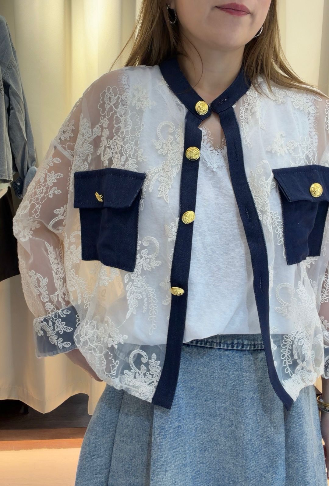 優雅蕾絲拼接海軍風外套
