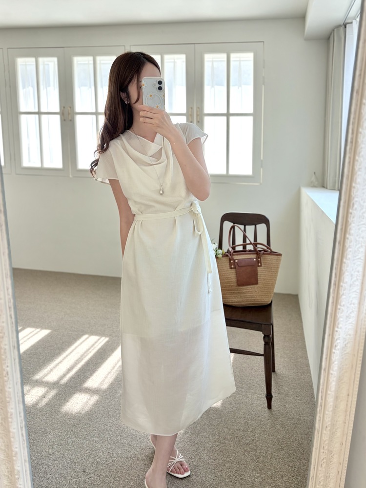 Draped Neck Dress with Inner Slip (Cream)