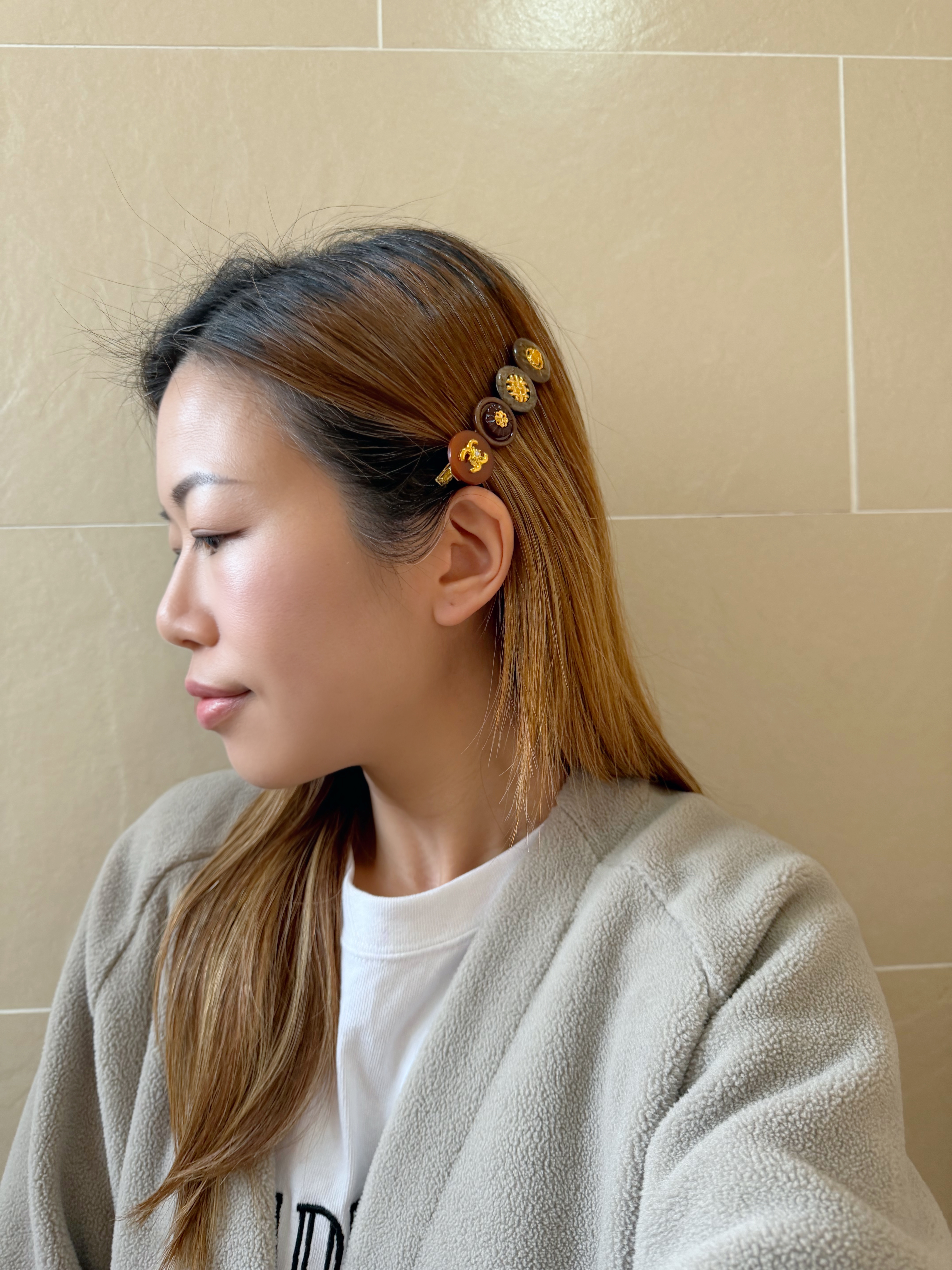 日本復古鈕扣8CM長一字髮夾/棕色 