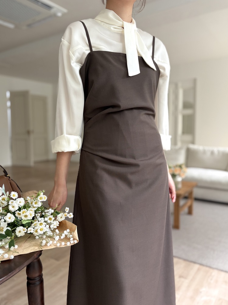 Gathered Adjustable Cami Dress (Brown)