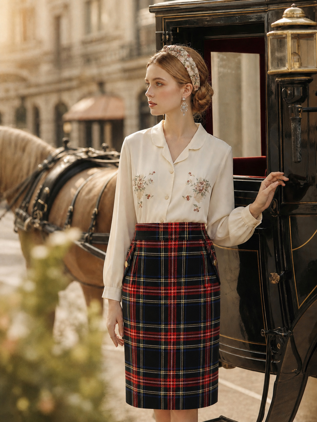 英倫學院的午茶約會 ∙ 金扣格紋復古鉛筆裙 British Academy Teatime ∙ Golden Button Plaid Vintage Pencil Skirt