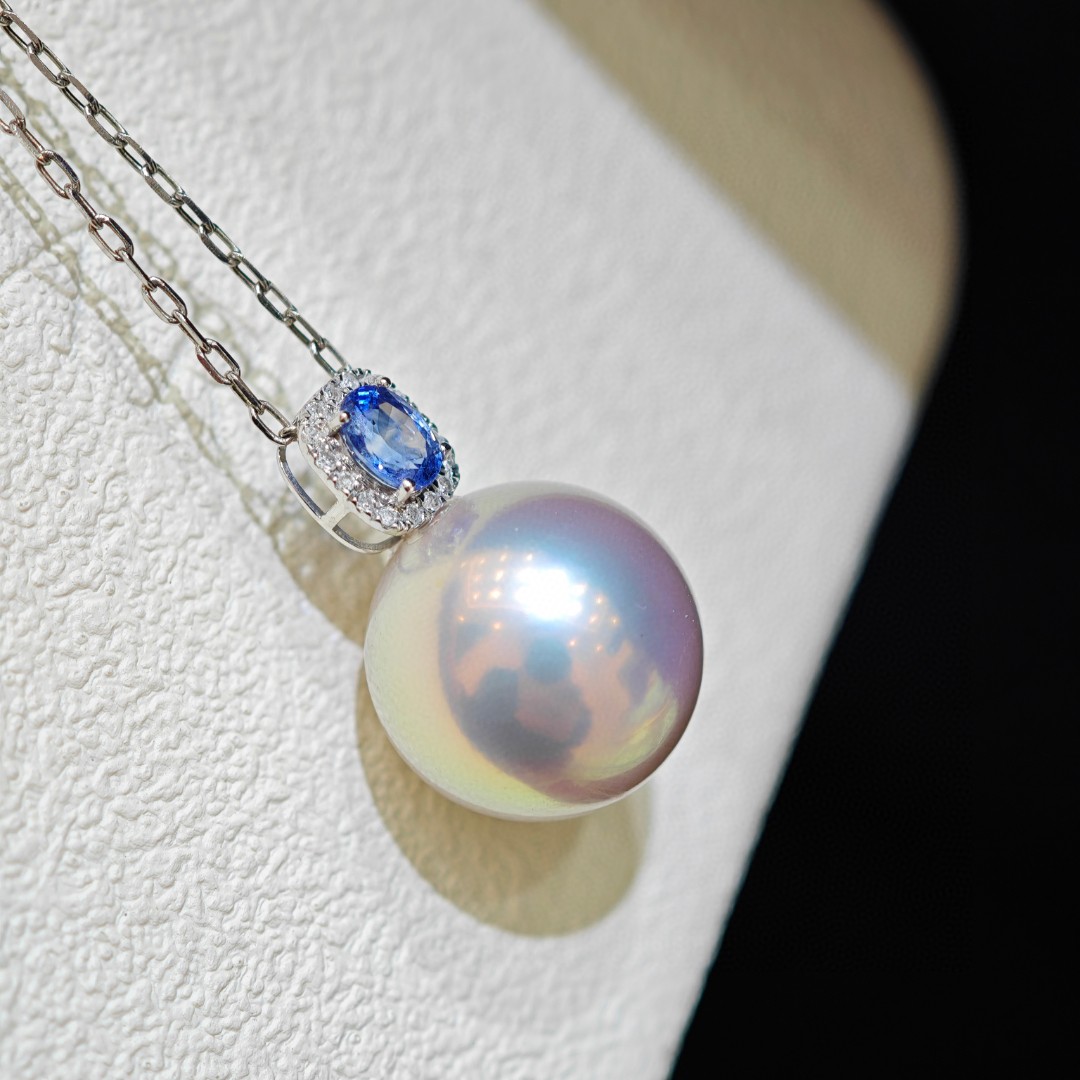 11-12mm正圓無瑕 搭配天然藍寶石 通體18k鑽石