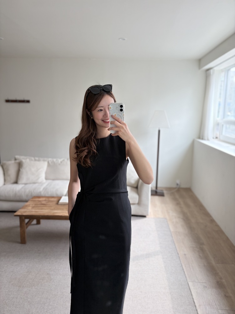 Gathered Waist Tie Dress (Black)