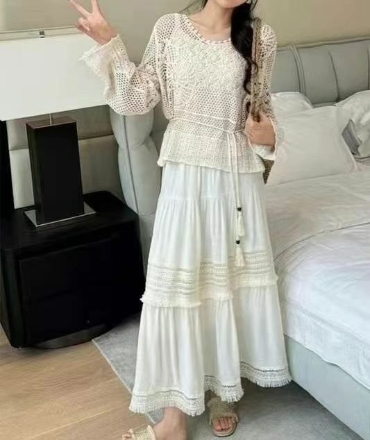 Bohemian Crochet Top & Tiered Maxi Skirt Set ‖ 波西米亚钩花罩衫半身裙套装 KR0699171