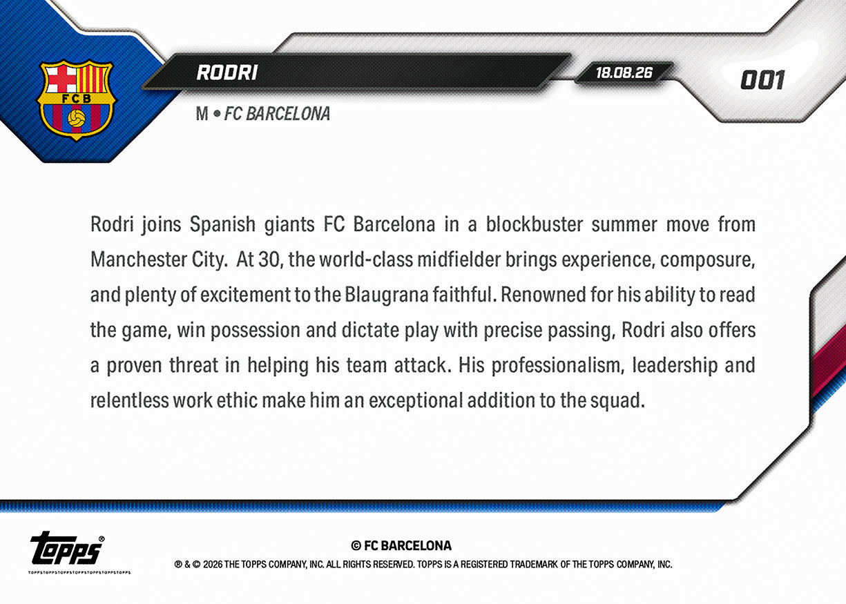 Rodri - 2026-27 FC Barcelona Topps NOW® #1 加盟紀念卡【團購】