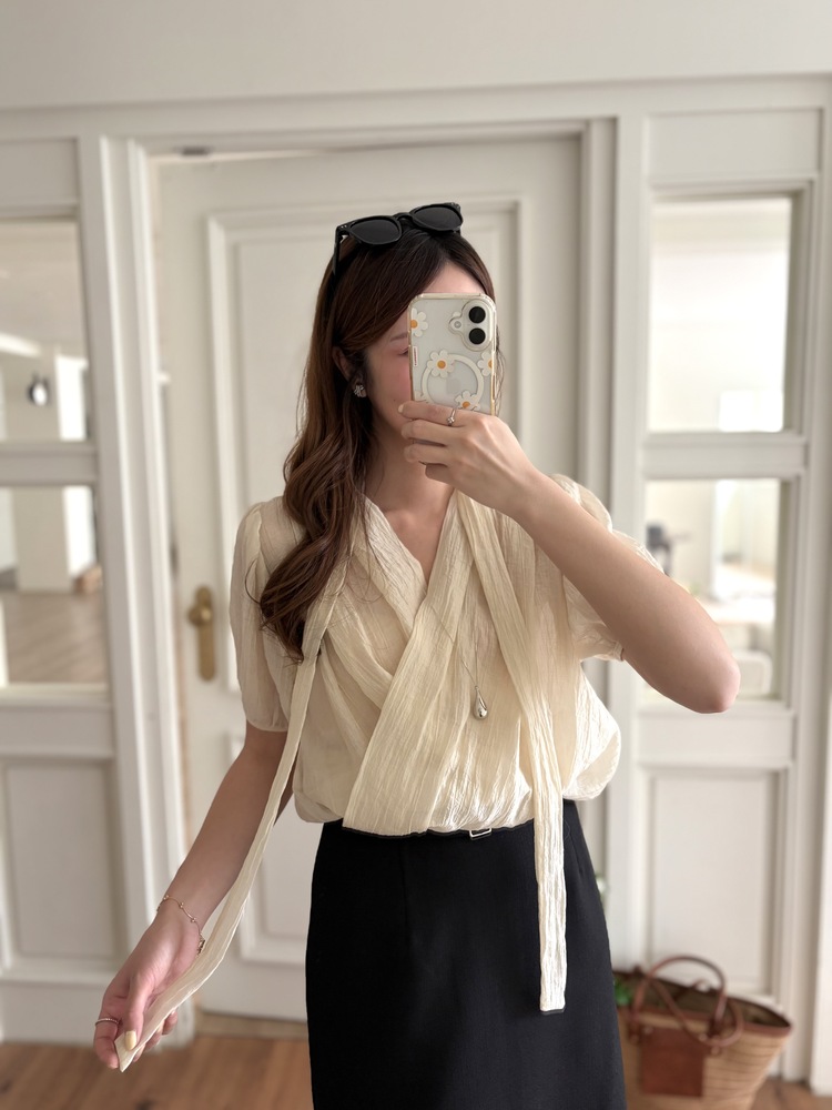 Louise Wrap Blouse with Tie (Cream)