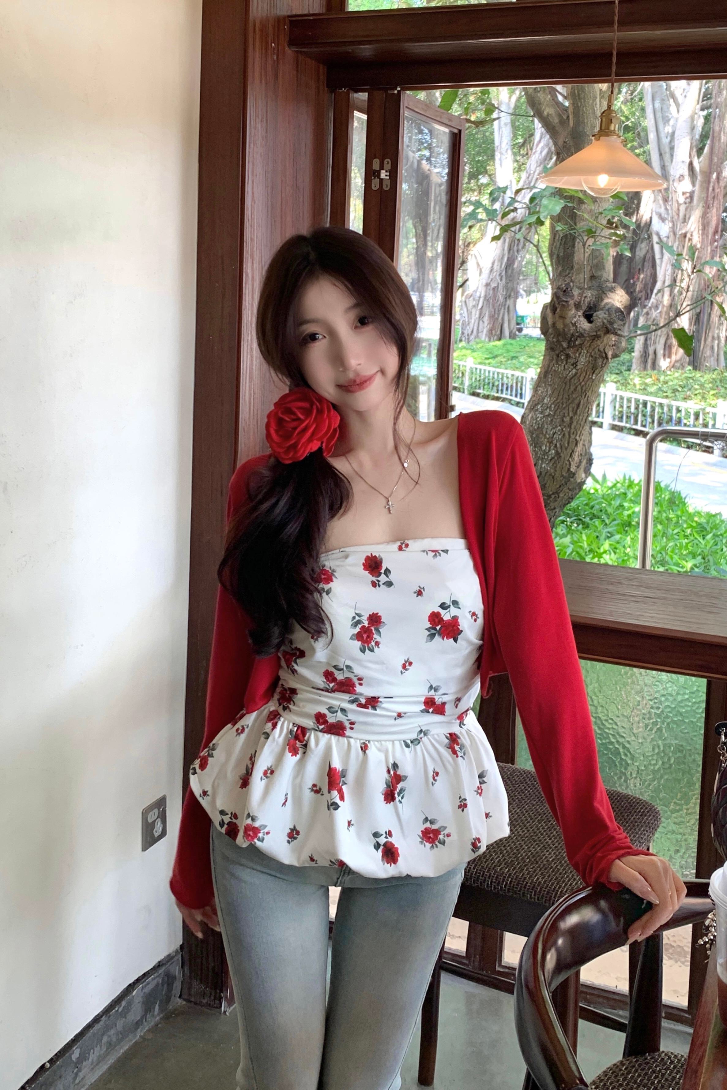 B193(5036) 韩系复古碎花下摆花苞边抹胸上衣与开衫红两件套上衣 