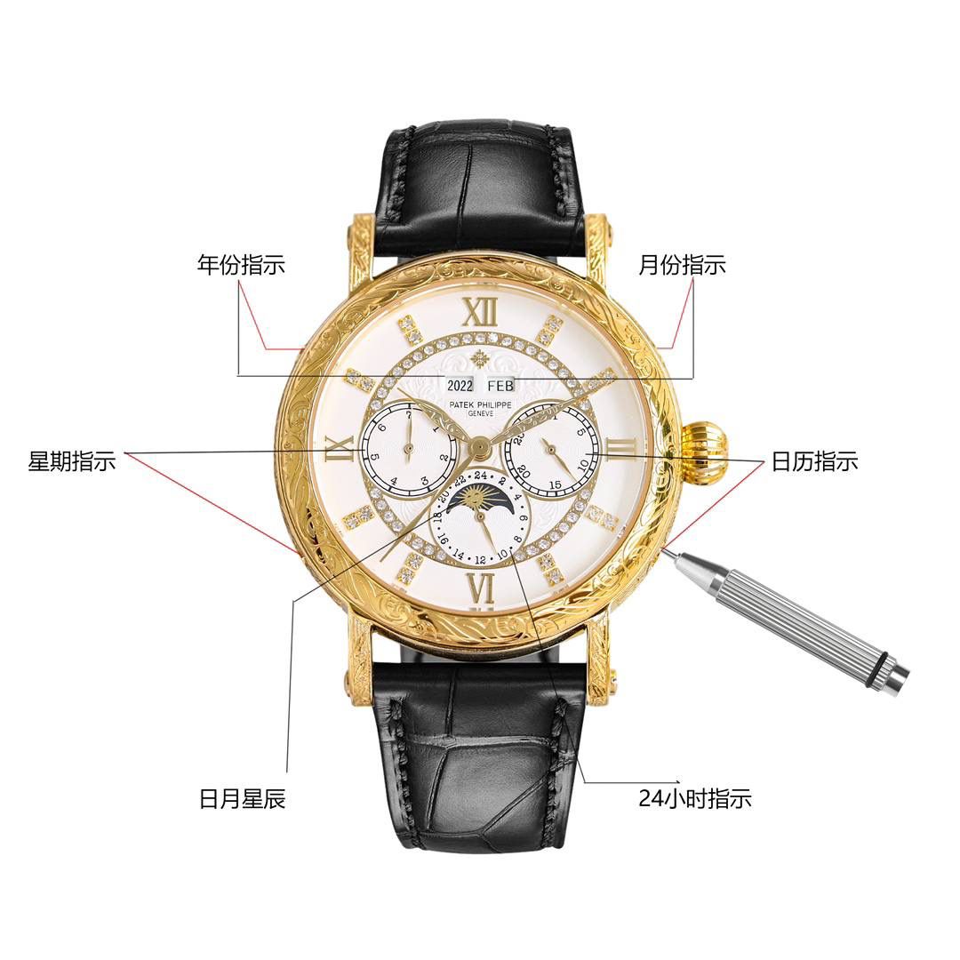 复古。精湛的工艺！ 年度最佳典藏之作——百达翡丽古典超级复杂多功能 万年历功能腕表 团队历时两年多精心设计，不计成本，敢为人先，力求完美，克服重重难关，突破多层技术瓶颈，机芯型号为CH 29-535 升级版，质量稳定！表盘6点位置是月相显示和日期分拨。所有的万年历标志都很好，一眼就能读懂。内里搭置了仿324 S Q 自动上链机芯，是 324 自动上条传奇机芯的精装版本。【表带】经典意大利小牛皮表带，纹路清晰，质感好。搭配圈市面最顶级的百达翡丽灯笼表扣，通用原装无压力。 优雅的Calatrava雕花表壳极具个性，42毫米的表径适配大众男性手寸，与专柜一致，非常商务可亦休闲。