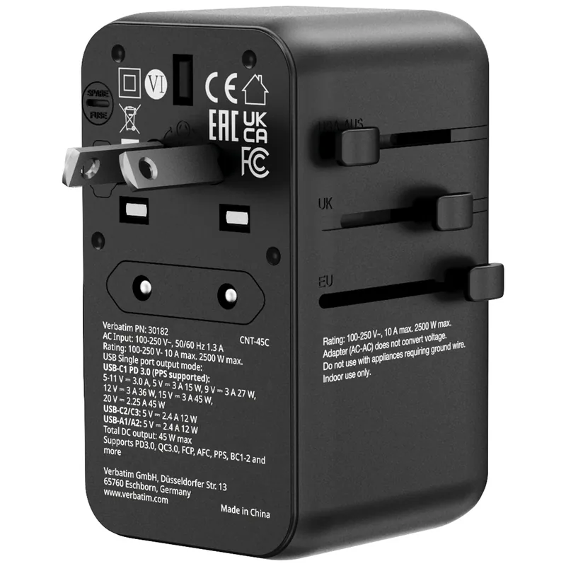 香港行貨 一年保養 Verbatim(威寶) Charge 'n' Travel 45W 通用旅行轉插 (附USB-C可伸縮充電線) 30182