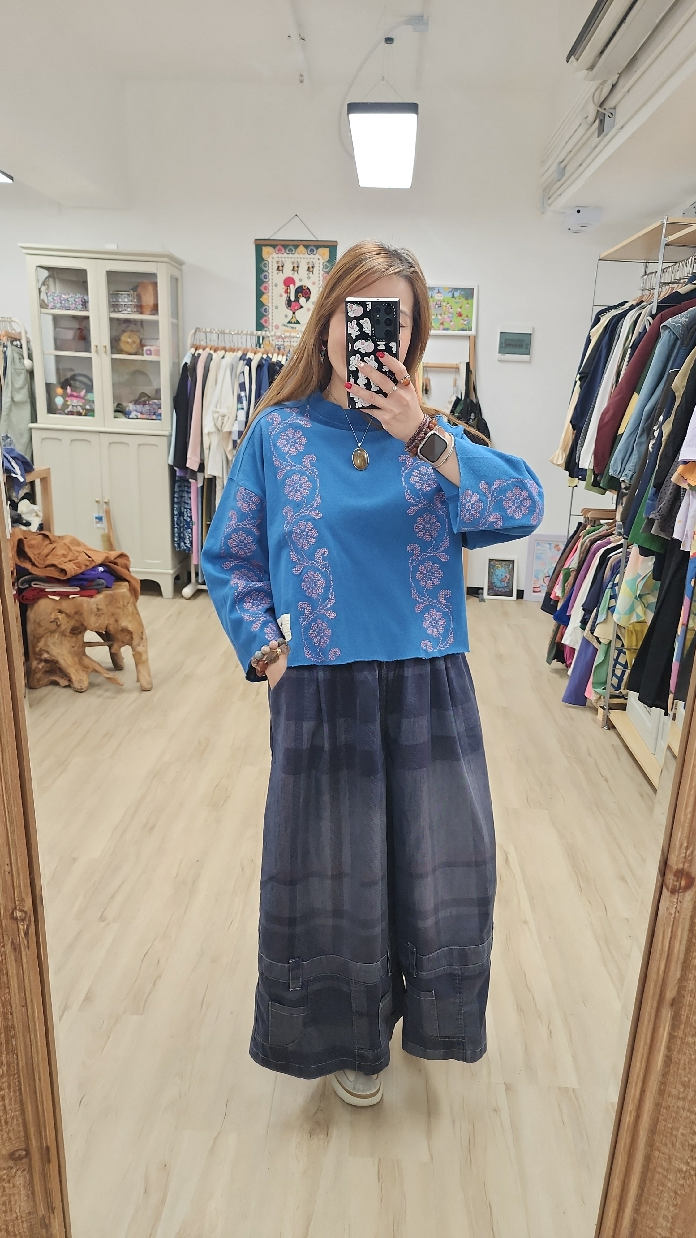 韓國藍色拼十字刺繡花棉Tee