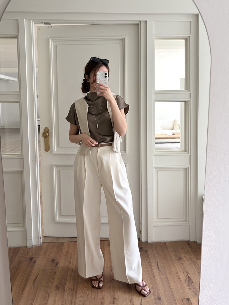 Claudette Silky Pleated Top (Brown)