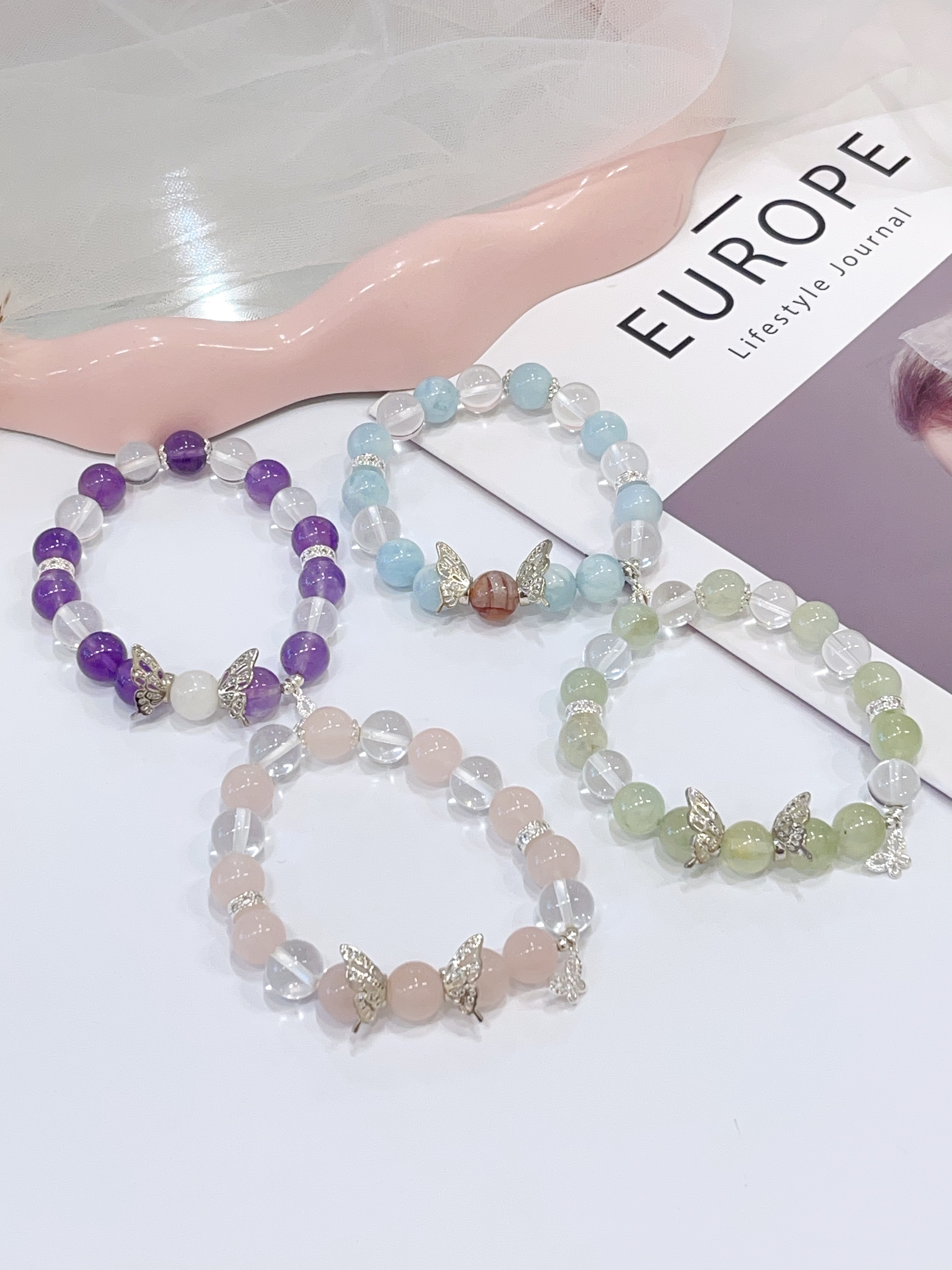 🌈 海蓝宝 × 紫水晶 × 粉水晶 × 葡萄石 × 白水晶手串 Aquamarine, Amethyst, Rose Quartz, Prehnite & Clear Quartz  |  10mm