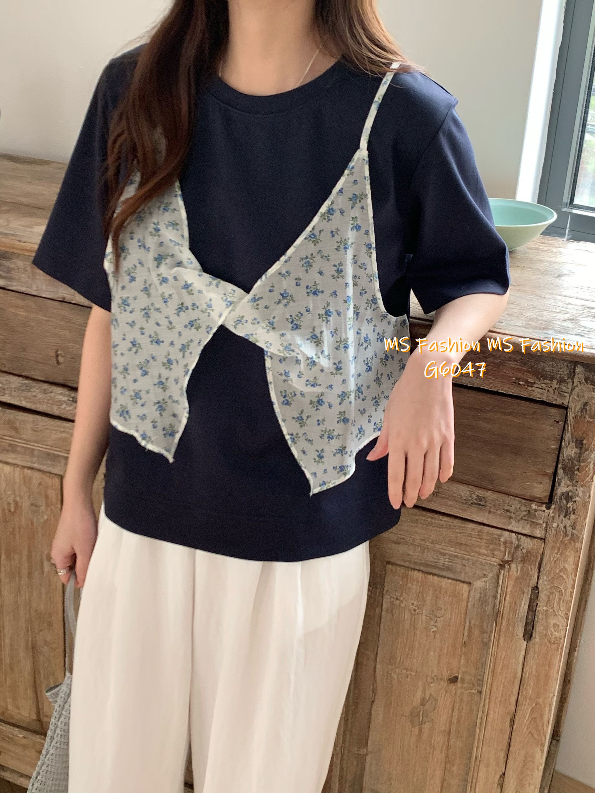G6047 韓國🇰🇷假兩件拼碎花布top