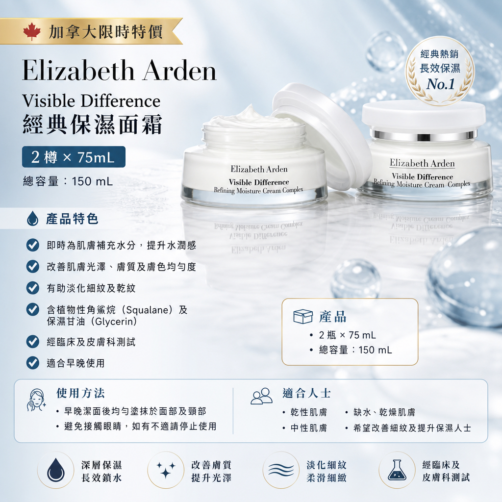 加拿大限時特價 Elizabeth Arden Visible Difference 經典保濕面霜｜（2 樽× 75mL）