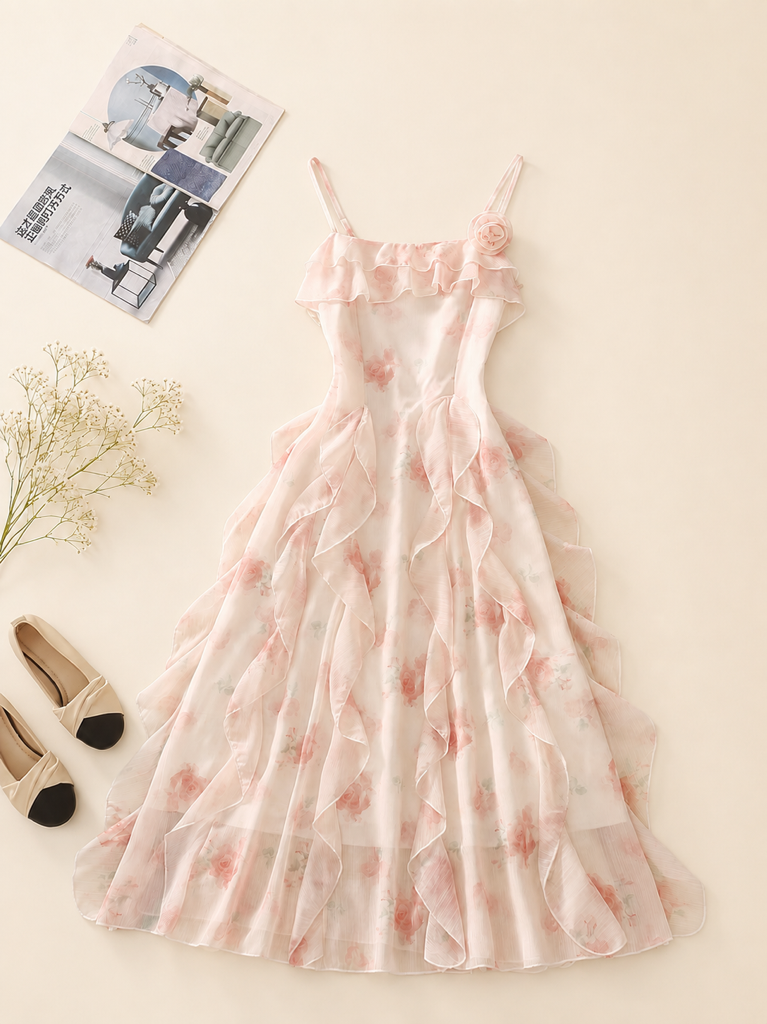 A031156 Sweet Floral Ruffle Strap Dress