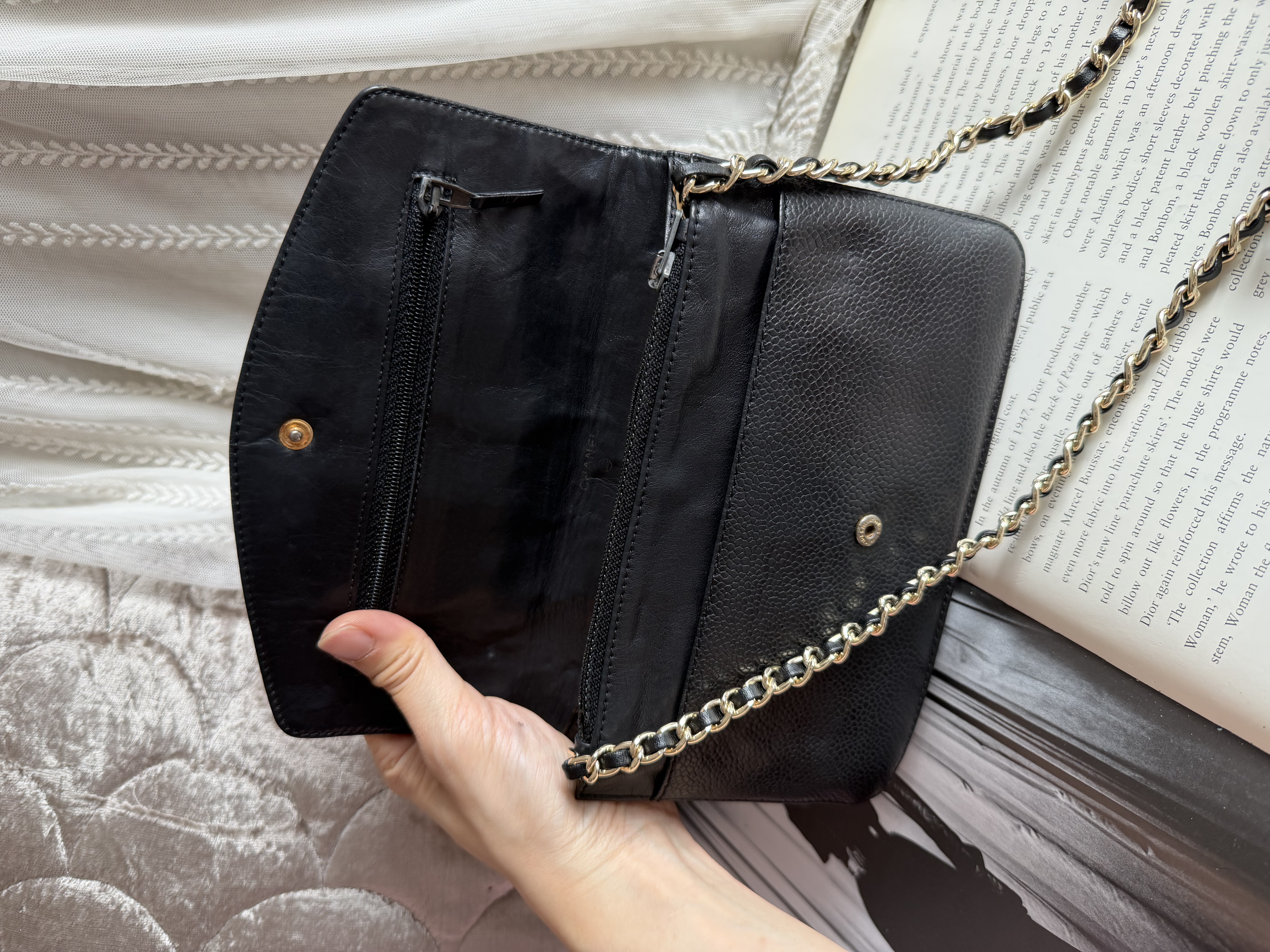 Vintage chanel black caviar leather long wallet