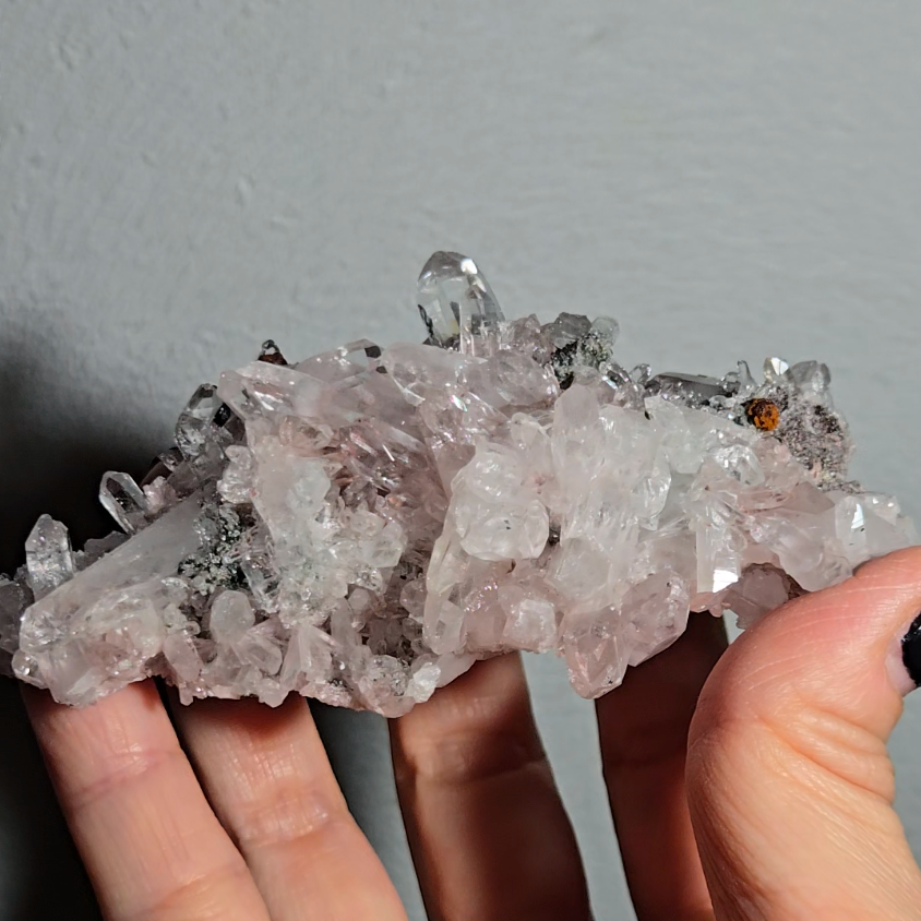 Pink Lemurian quartz cluster with green chlorite inclusions - LQ191