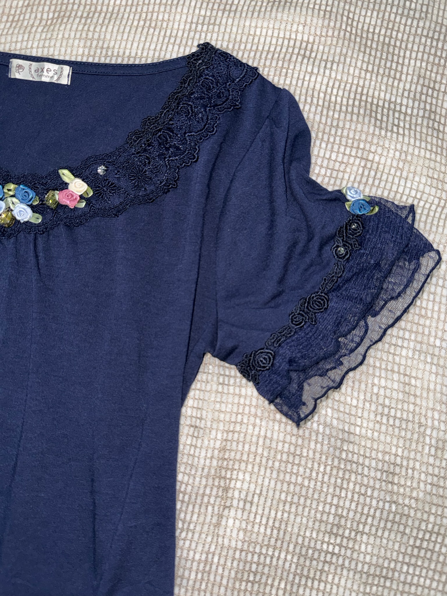 Axes Femme Romantic Navy Knit Top with 3D Rosette & Lace Neckline