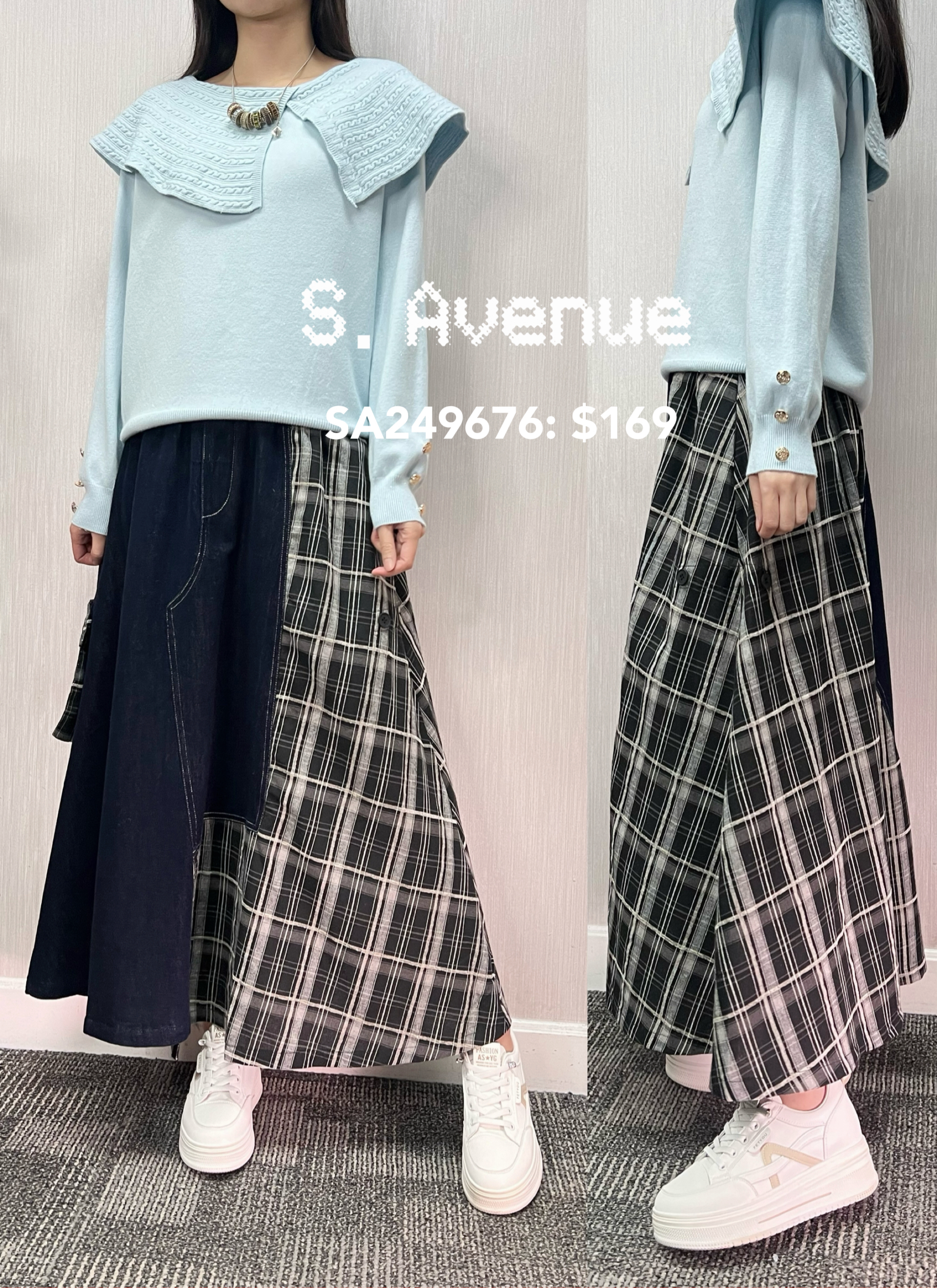 SA249676: 橡筋腰牛仔拼格仔長裙