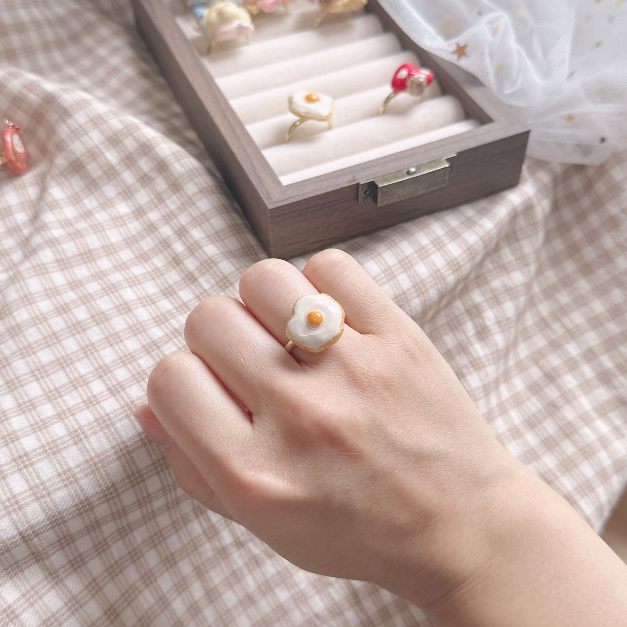 手繪煎蛋🍳蘑菇🍄‍🟫戒指 可調節鬆緊