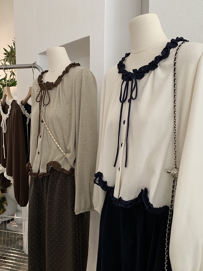 温柔风木耳边不规则波浪蝴蝶结上衣