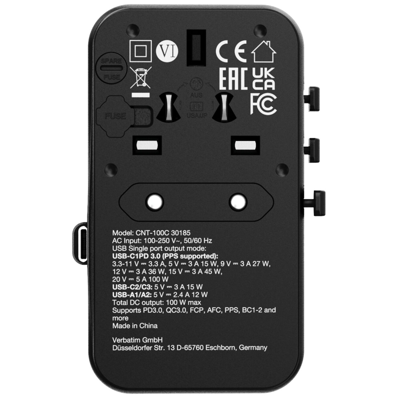 Verbatim(威寶) Charge 'n' Travel 100W 通用旅行轉插 (附USB-C可伸縮充電線) 30185