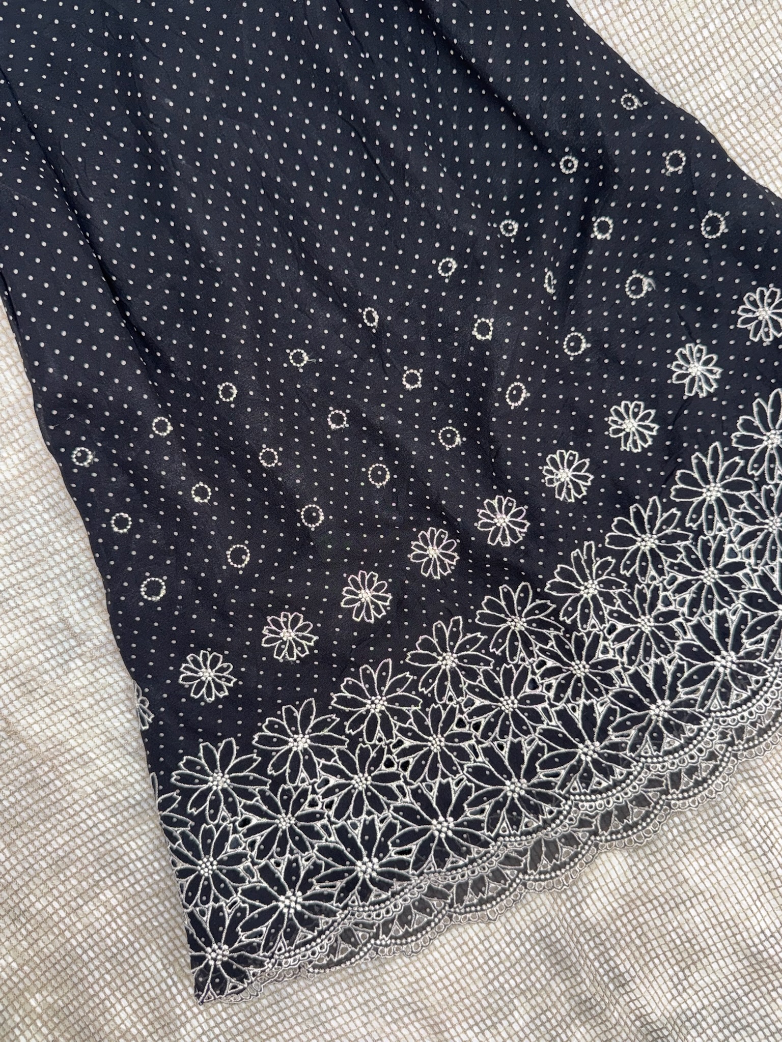 Black Polka Dot Skirt with Embroidered Daisy Border and Scalloped Hem
