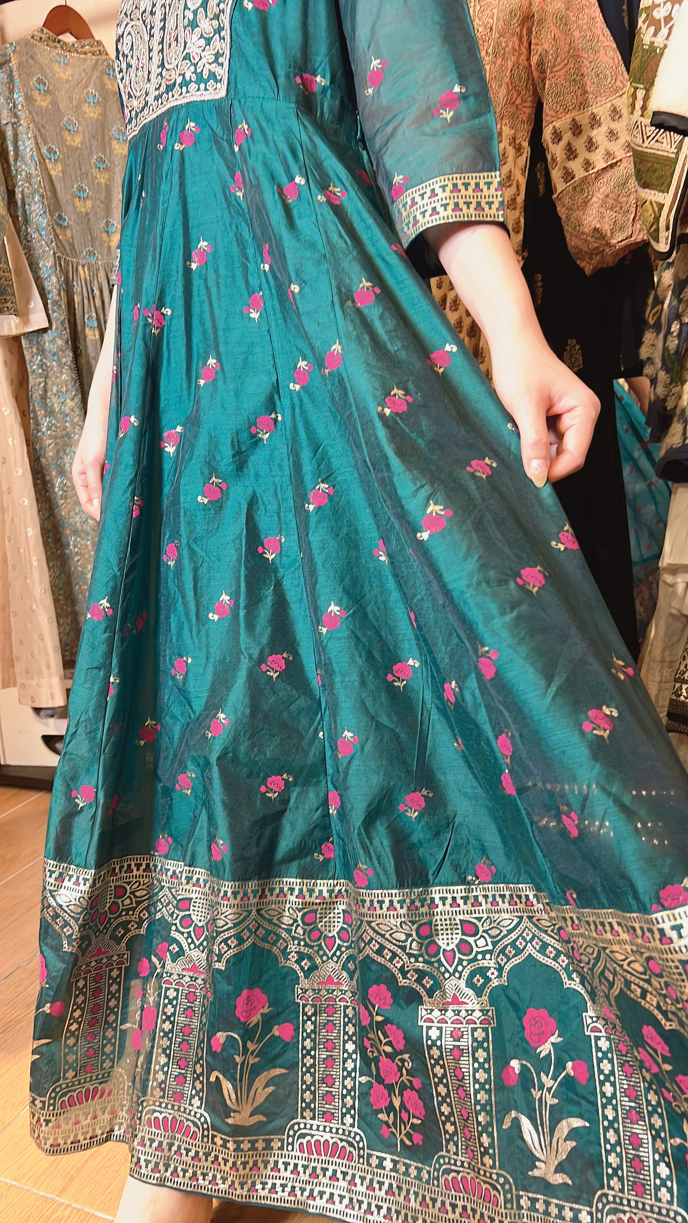 Peacock Green Heavy Emb. with Pink Rose SIlky OP #1070