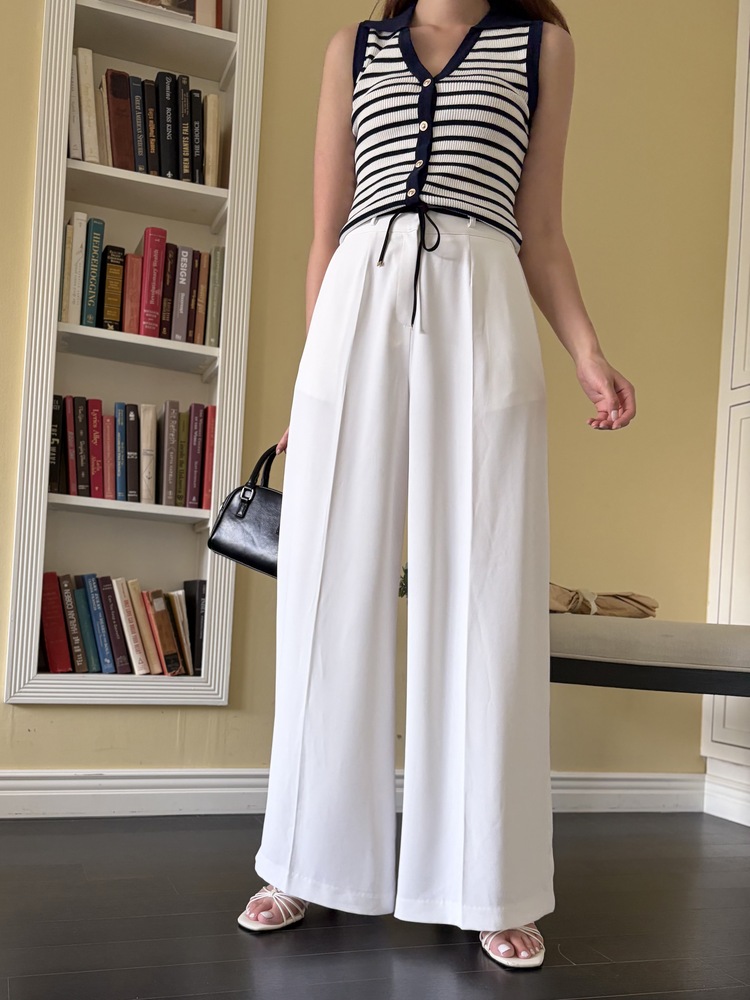 [超涼!!] Contrast Belt Wide Leg Slacks (White)