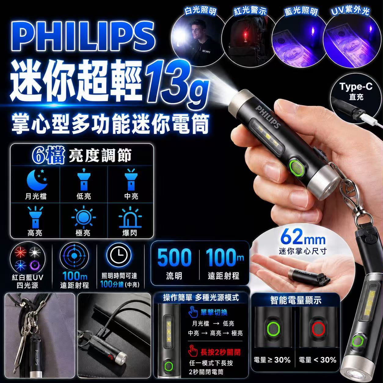 【預訂】Philips 迷你超輕掌心型多功能迷你電筒 13g
