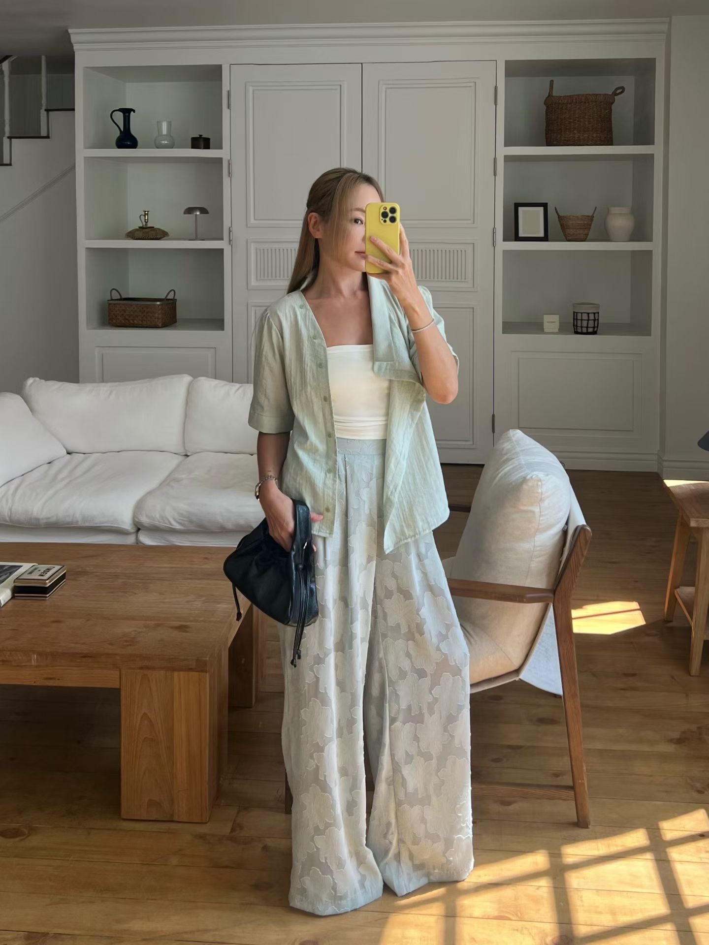 B15 印花透感鬆緊寬褲