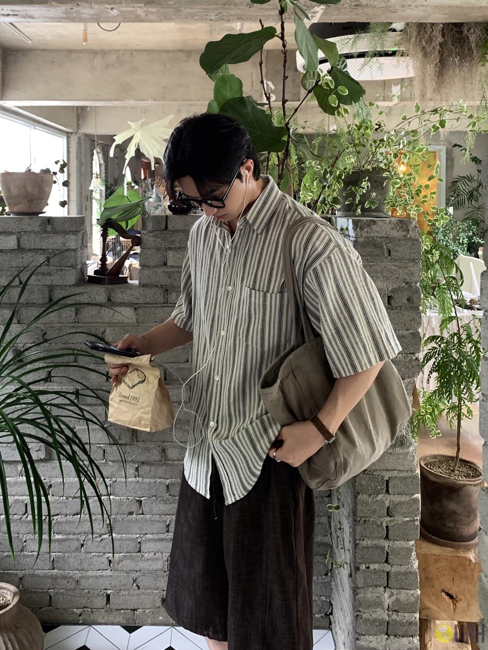 【100%保證韓國直送】Marel 輕量亞麻混紡復古細直條紋隨性微寬鬆短袖襯衫 👕 [2 color] RL115067