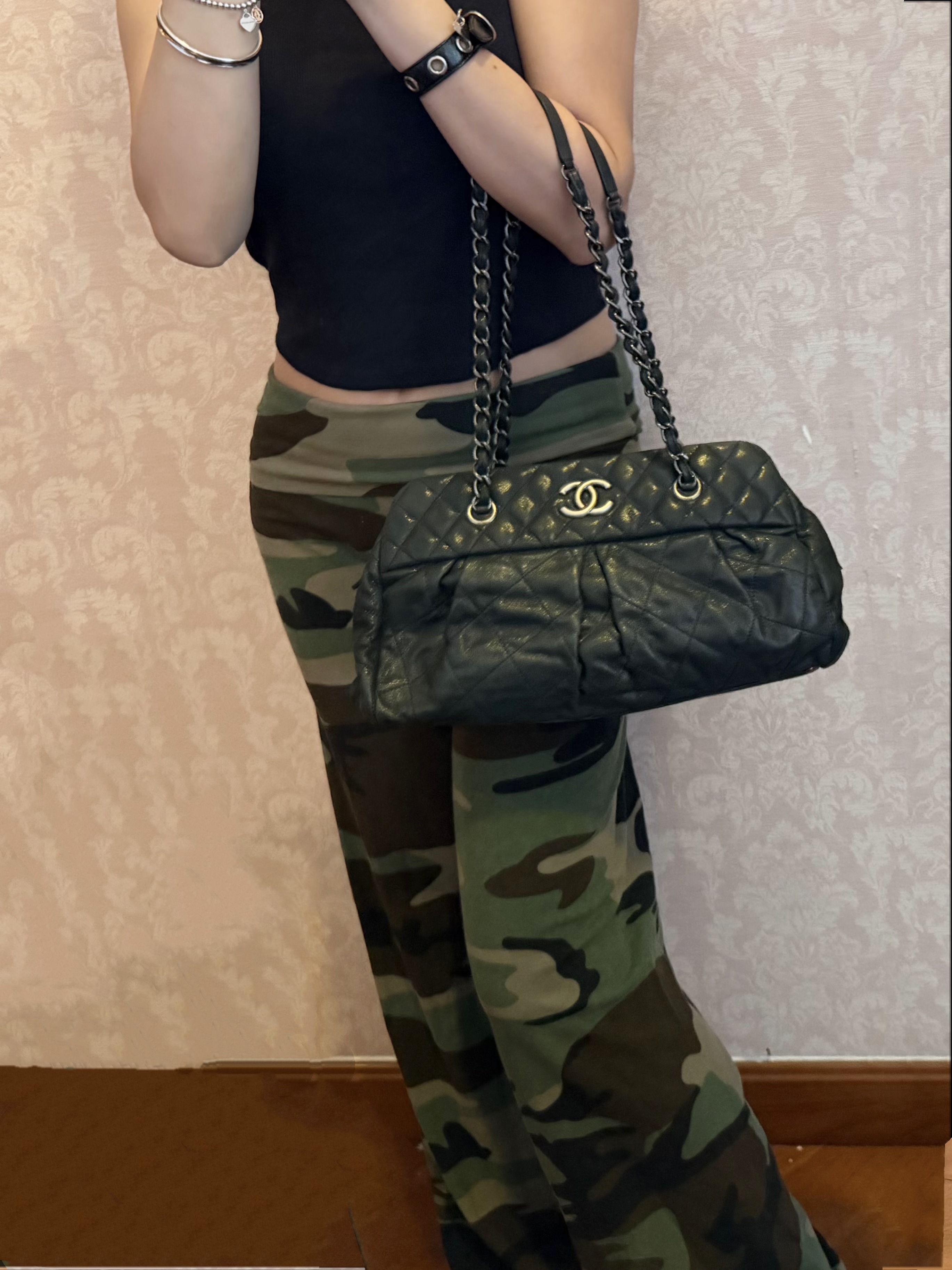 chanel bowling dark grey east west chain bag