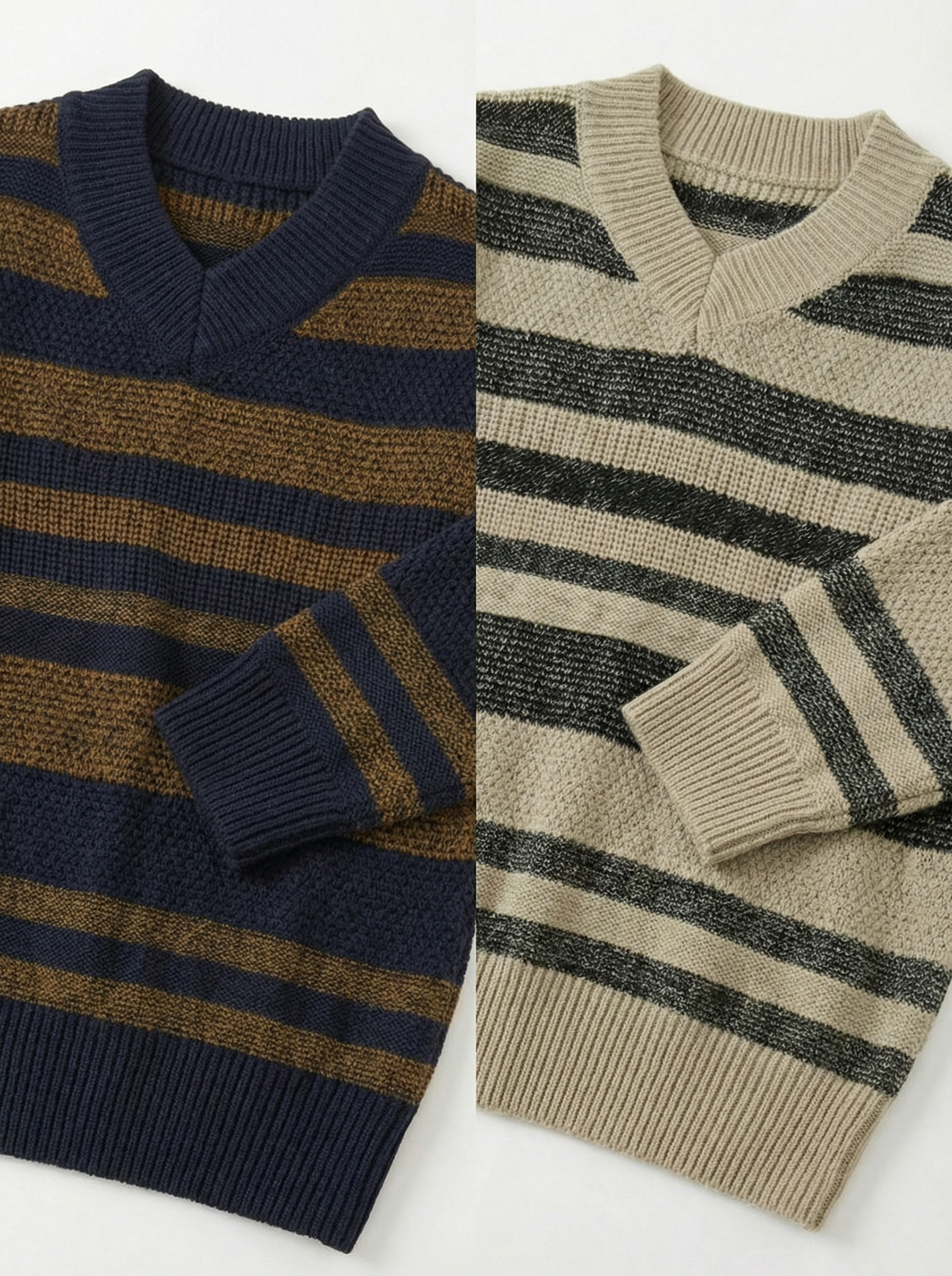 米黑粗條紋 V 領長針織毛衣