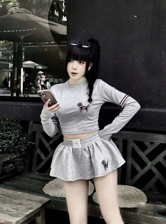 露臍上衣+高腰裤裙两件套