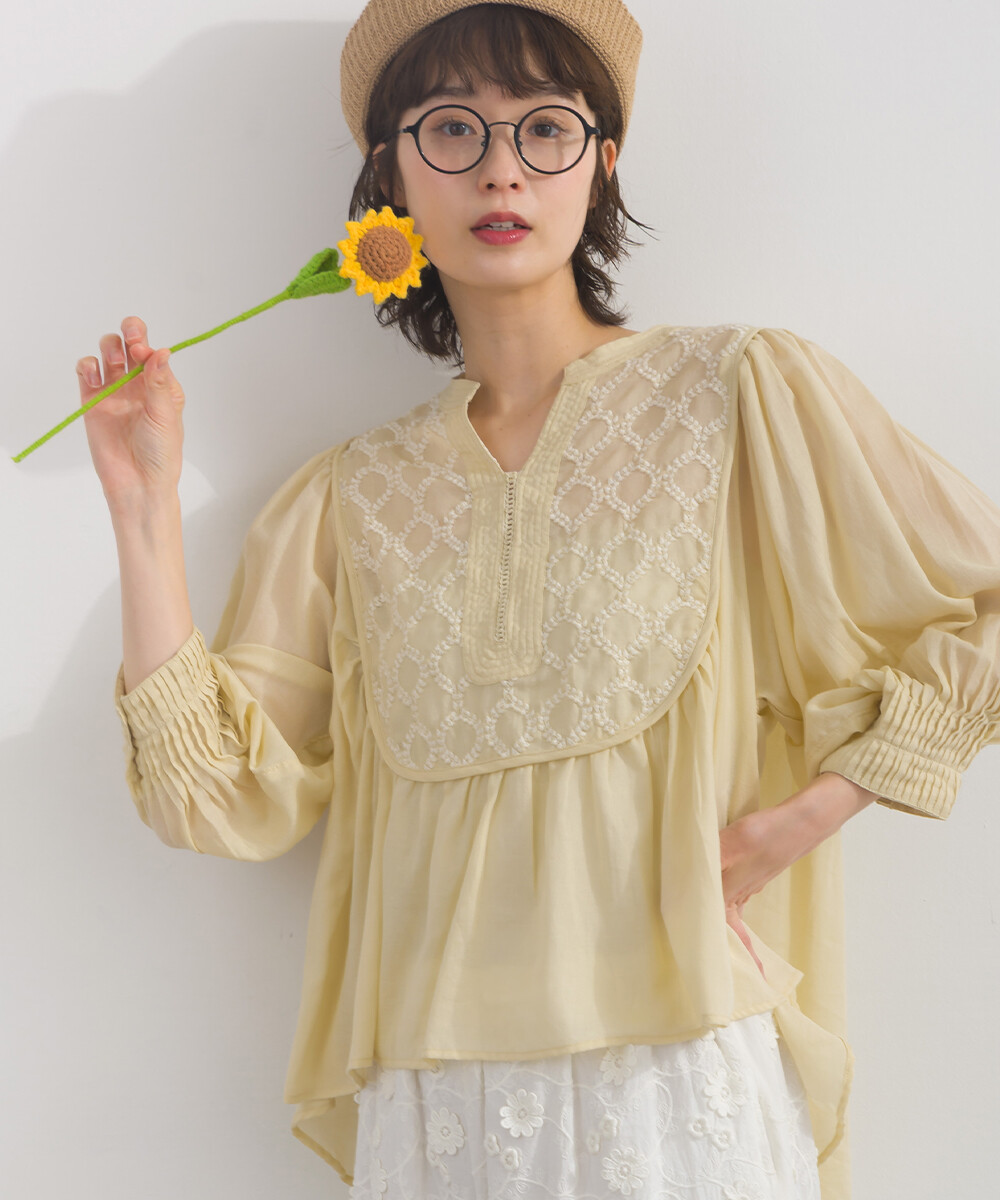 LP - 純棉圓點幾何刺繡襯衫 (米黃色)