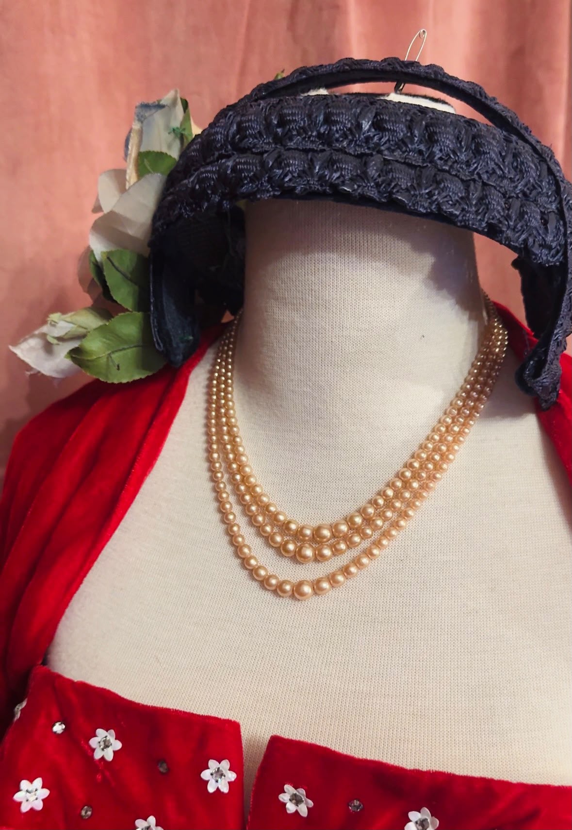 C.a. 1960s 17-18" Three-Row Graduating Pink Glass Pearl Necklace (MT2603)