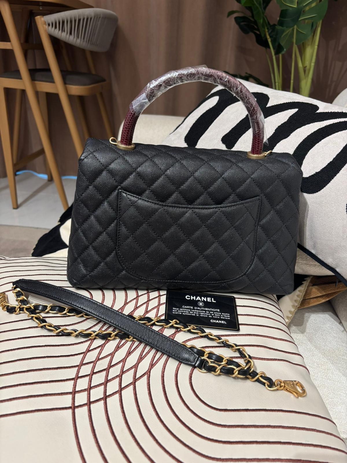 Chanel coco handle Medium 黑色荔枝牛皮金扣蜥蜴皮手柄 100%Authentic, 95%New ✅24Card✅Dust Bag✅Box