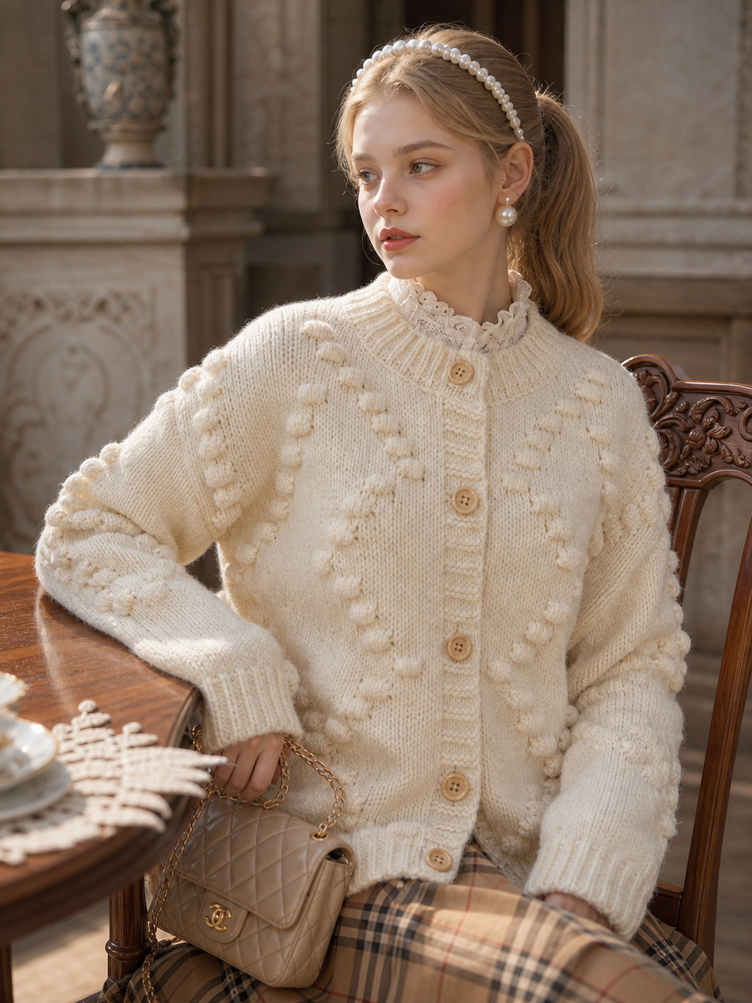 雪國森林的壁爐暖意 ∙ 鉤織立體波紋古董羊毛冷外套 Snowy Forest Fireside Warmth ∙ Vintage Hand-Crocheted Bobble Wool Cardigan