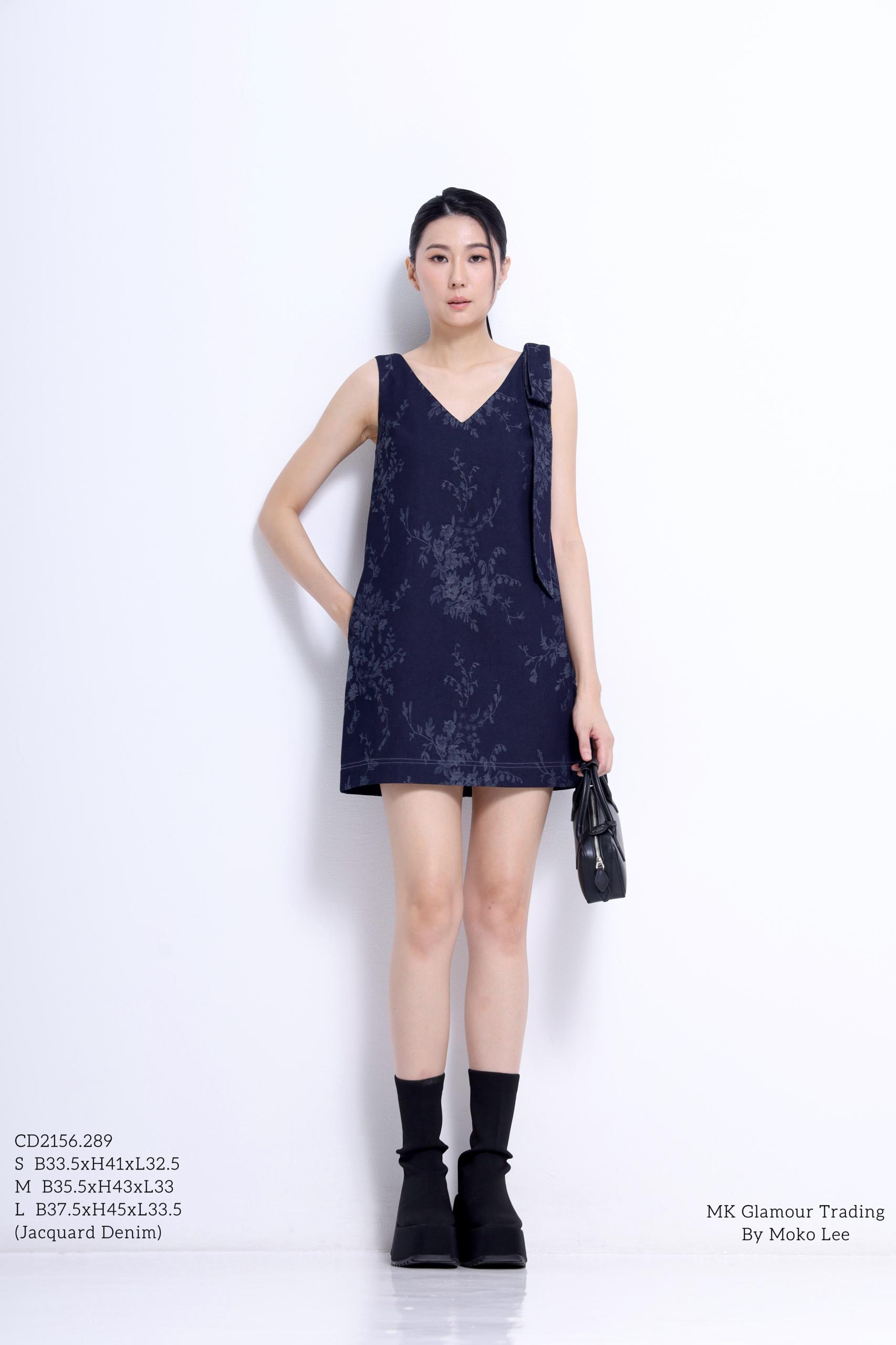 CD2156 Jacquard Denim Bow Shoulder Shift Dress