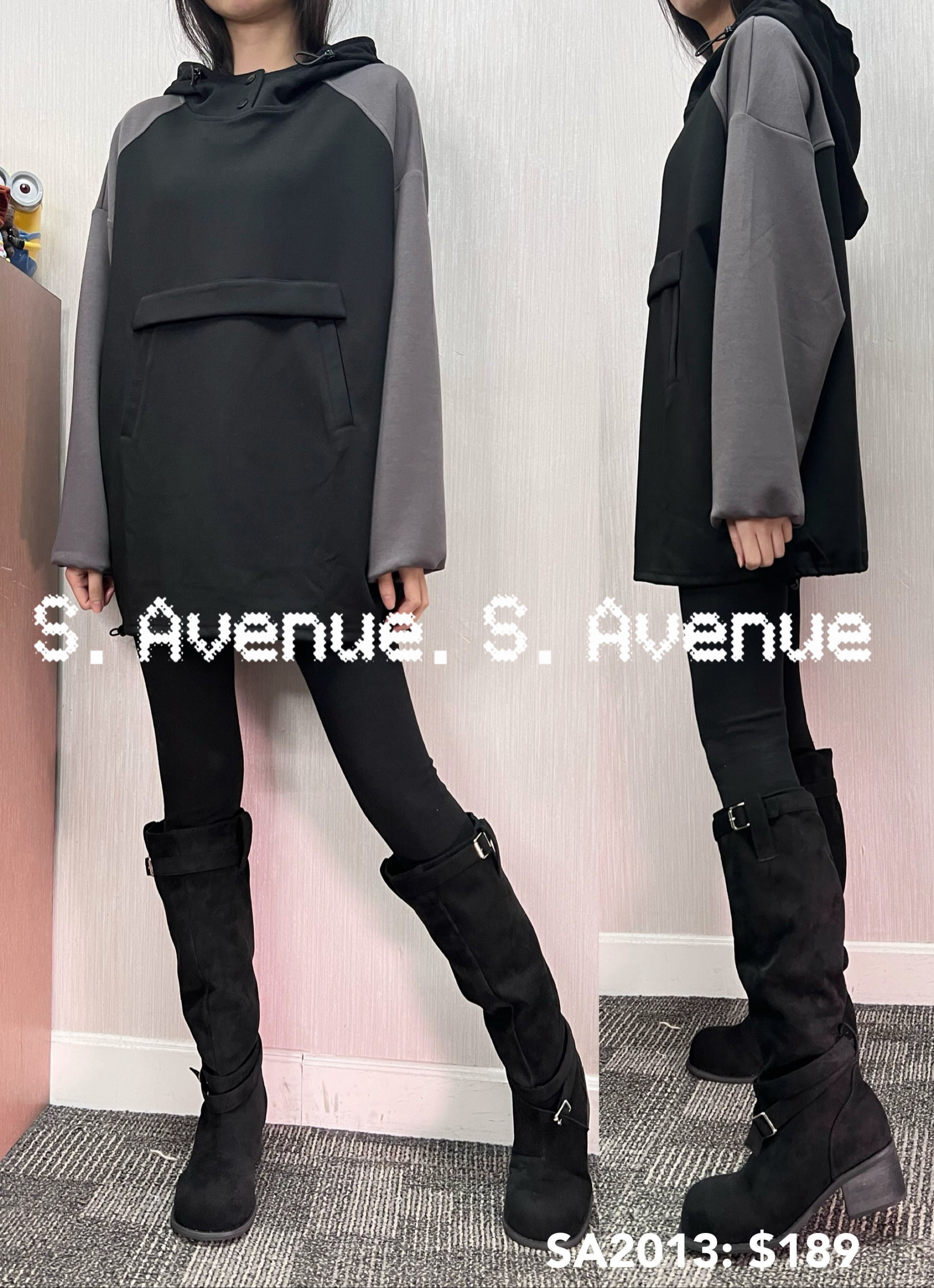 SA2013: 長袖有帽拼色前雙袋長tee