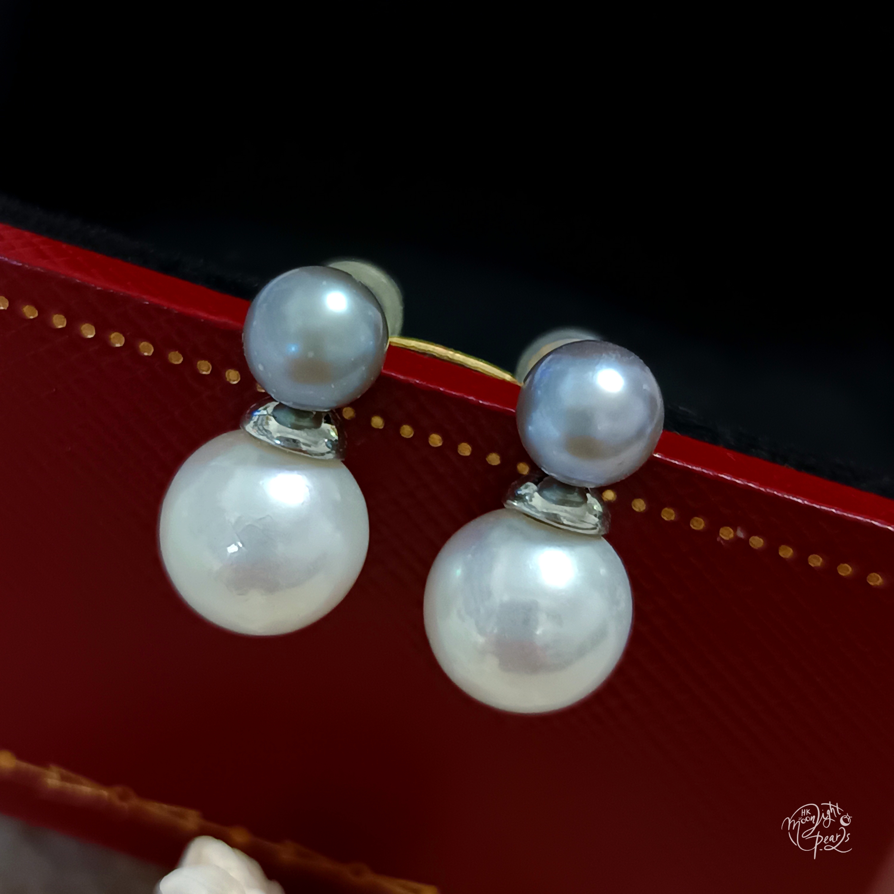 正圓極光愛迪生白珍珠+淡水灰珠精工s925銀雙珠耳釘
