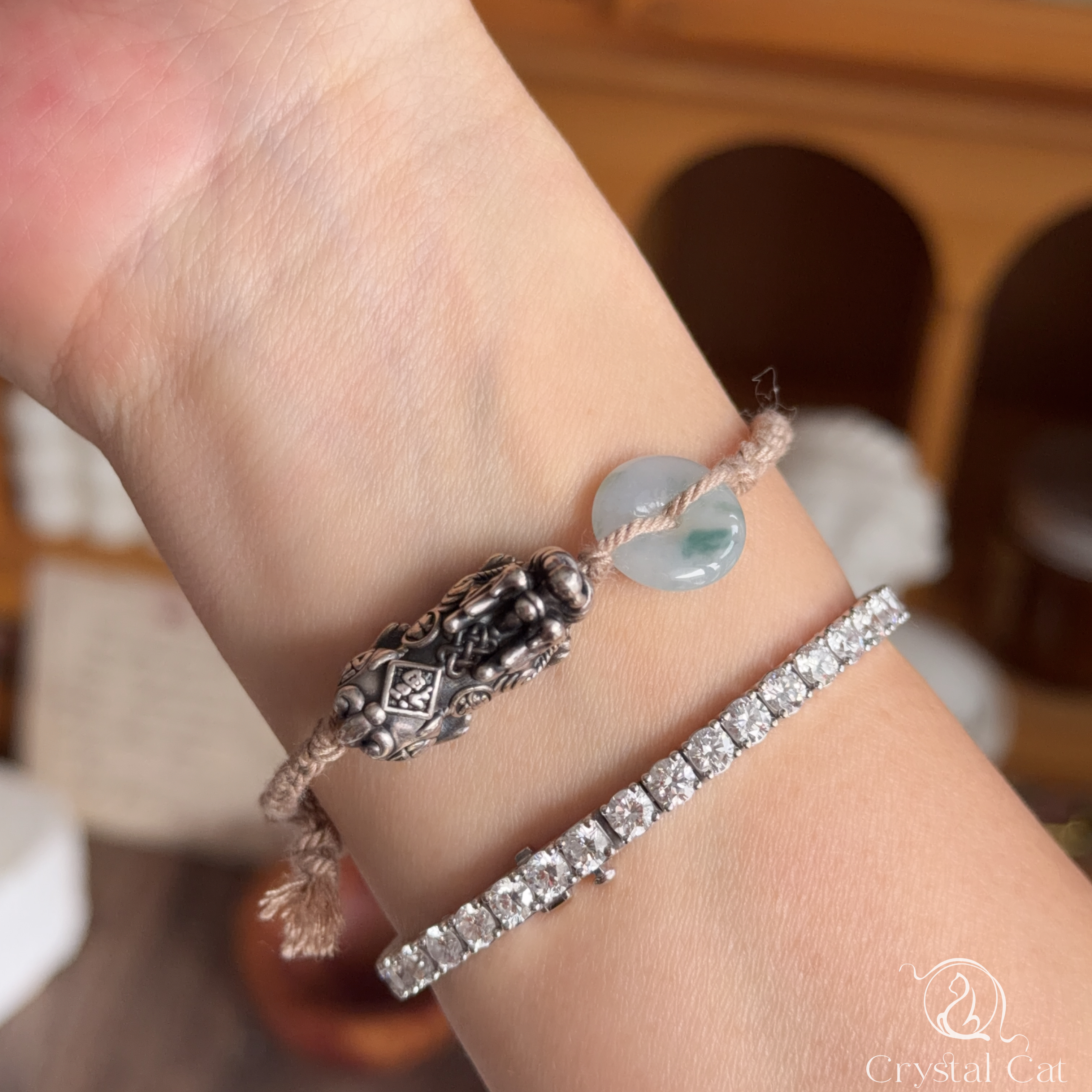 純銀貔貅+天然翡翠平安扣襯手绳