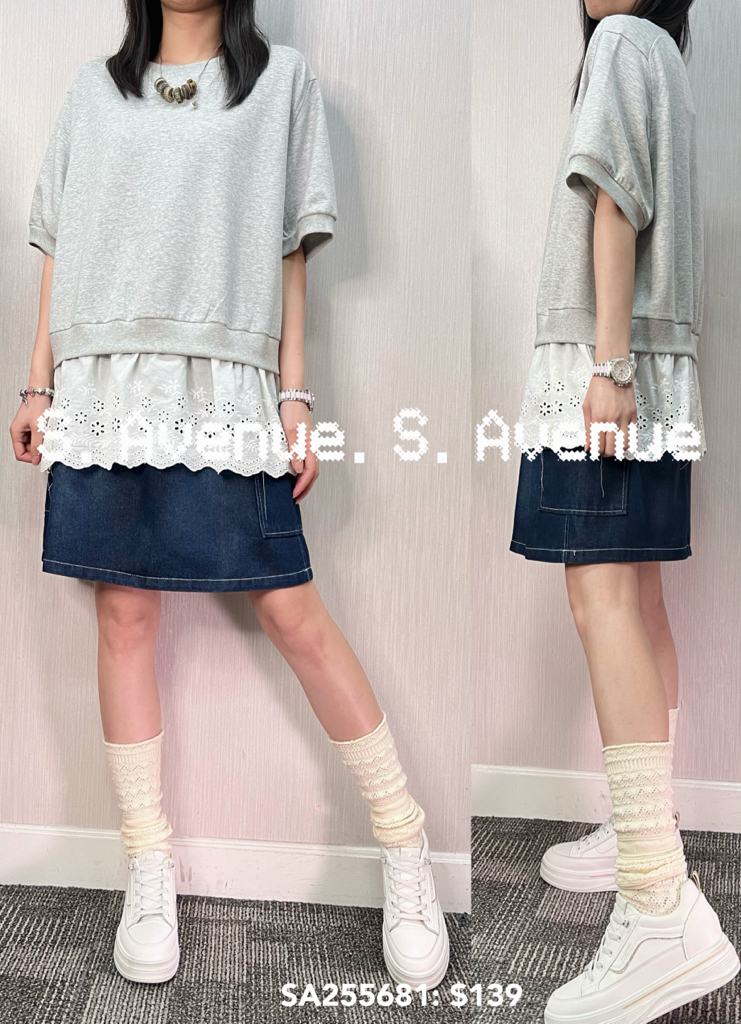 SA255681: 短袖淨色拼平紋棉lace