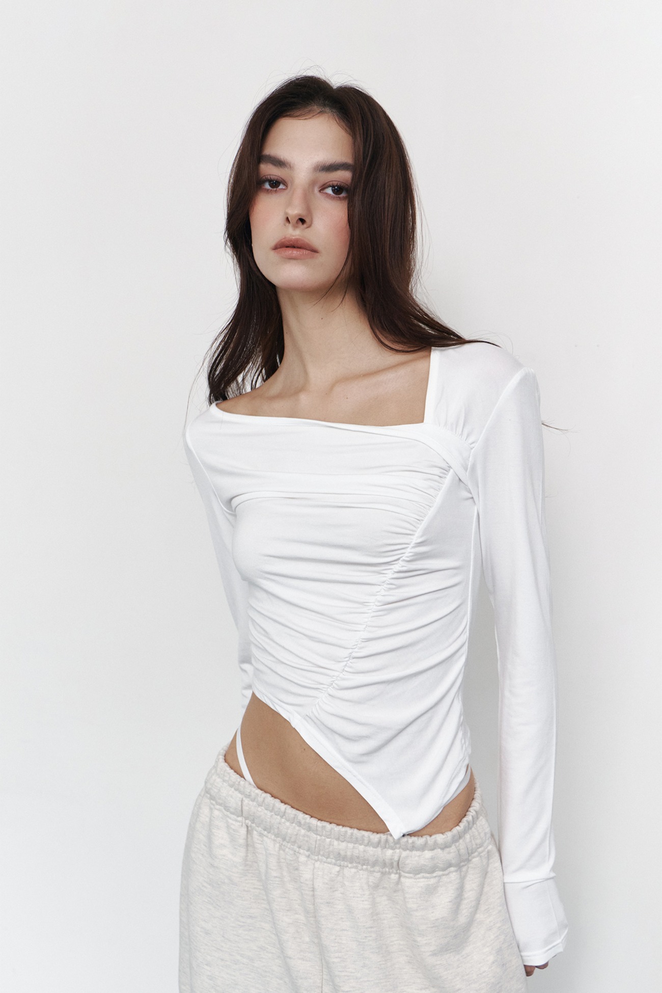 pleaseNOFOLLOW - Sadie Unbal Shirring Long Sleeve Top (White)